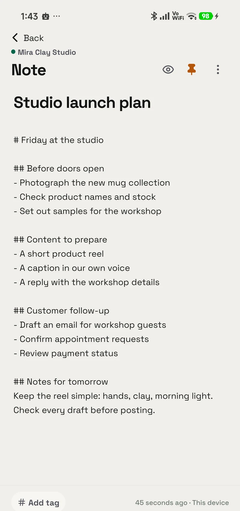 The actual OpenAlly Notes editor with a pinned Studio launch plan note in the Mira Clay Studio workspace.